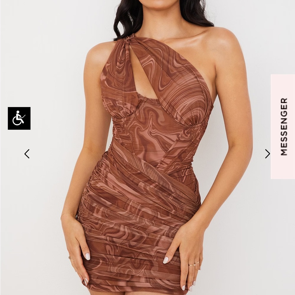 House of CB Brown Asymmetrical Ruched Mini Dress